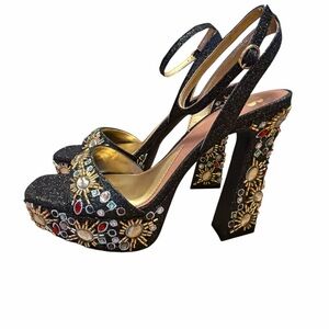 GB Rhinestone Embellished Platform Heels Black Statement Sandals Size 9 NWOB
